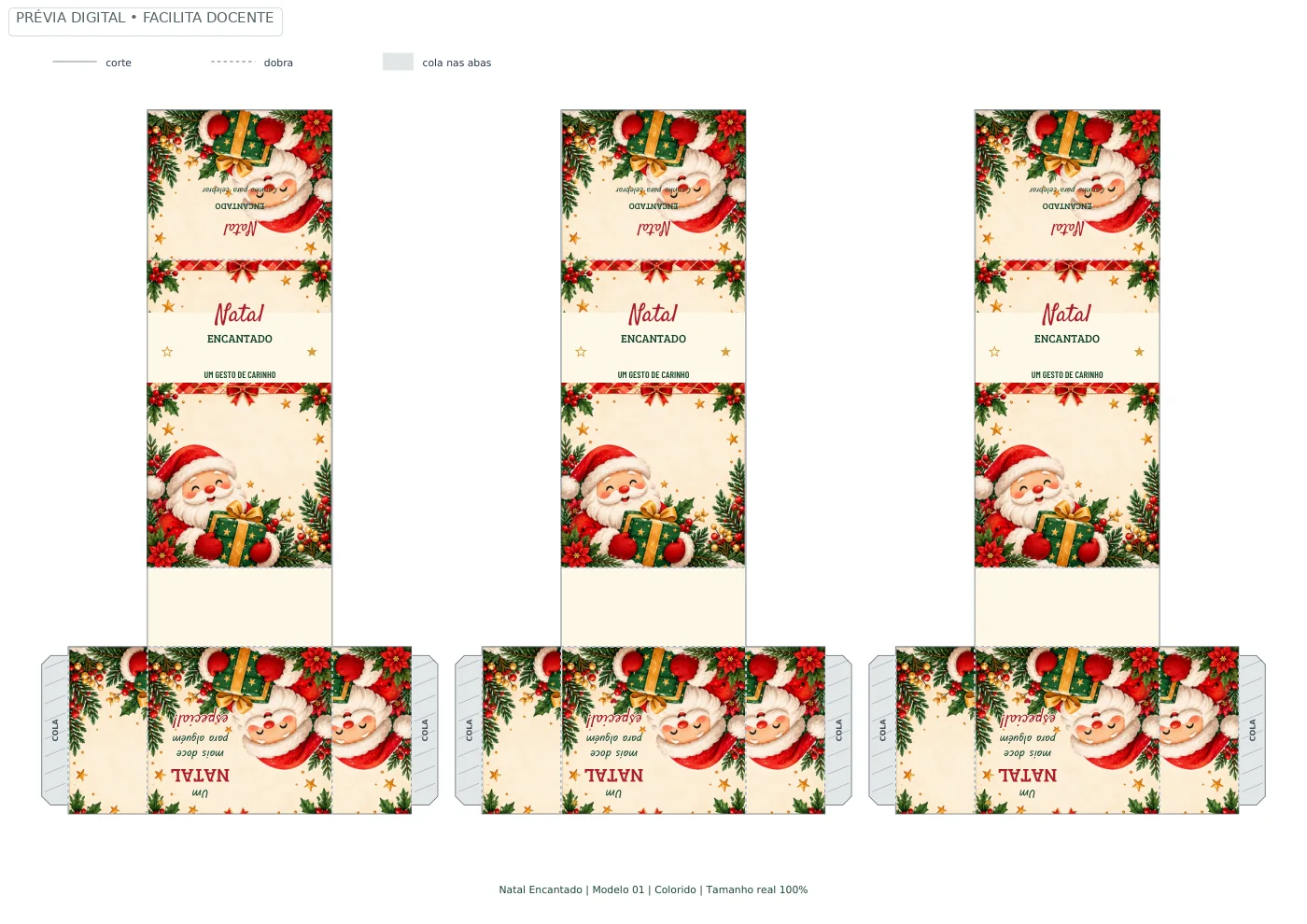 Prévia real da primeira folha A4 de caixinhas porta-chocolate do kit Natal Encantado, versão colorida.