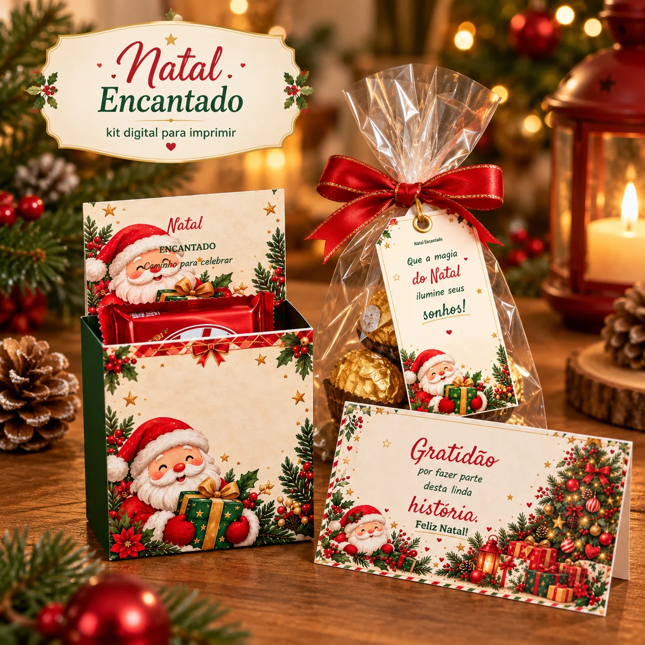 Simulação digital de Natal Encantado: lembrancinhas ambientadas sobre uma mesa. Objetos físicos ilustrativos não incluídos.