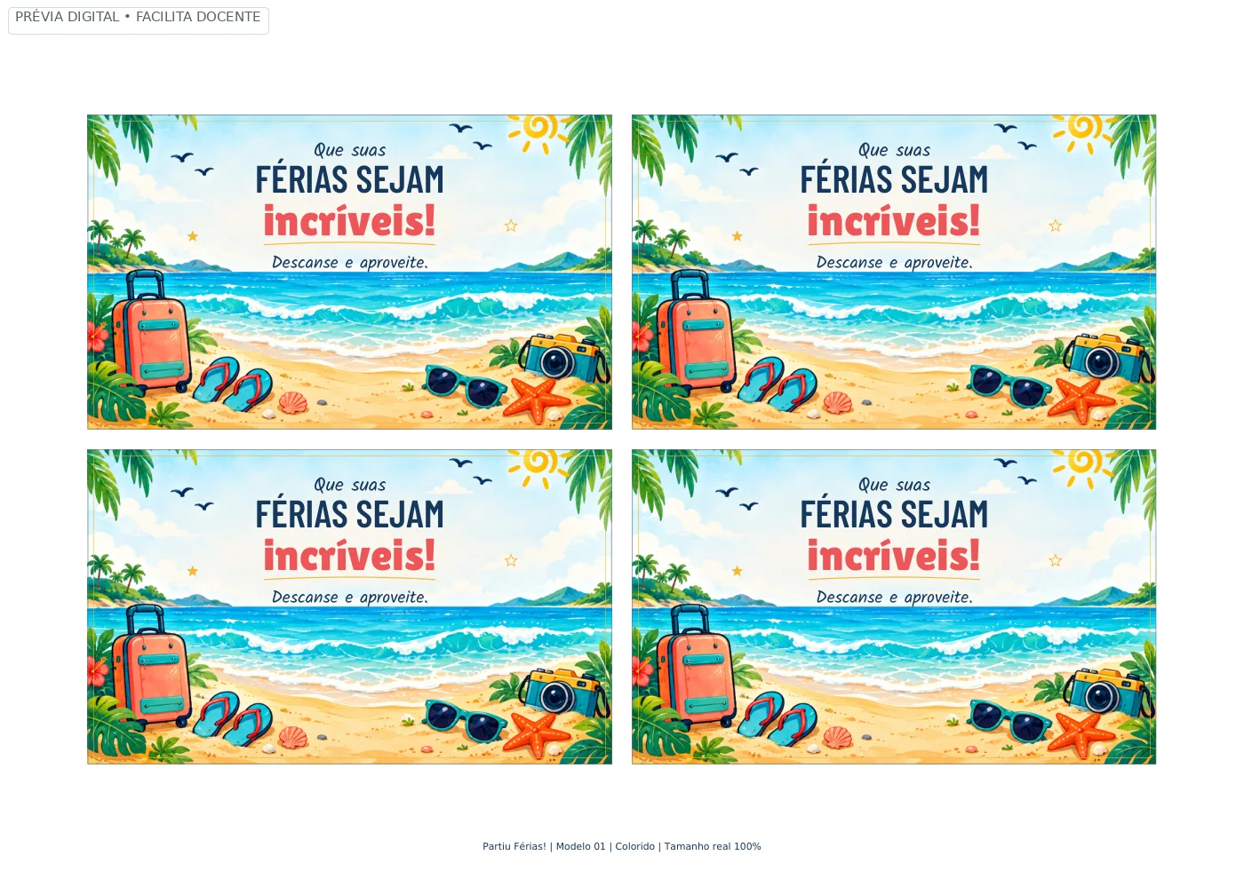 Prévia real da primeira folha A4 de cartões de mensagem do kit Partiu Férias!, versão colorida.