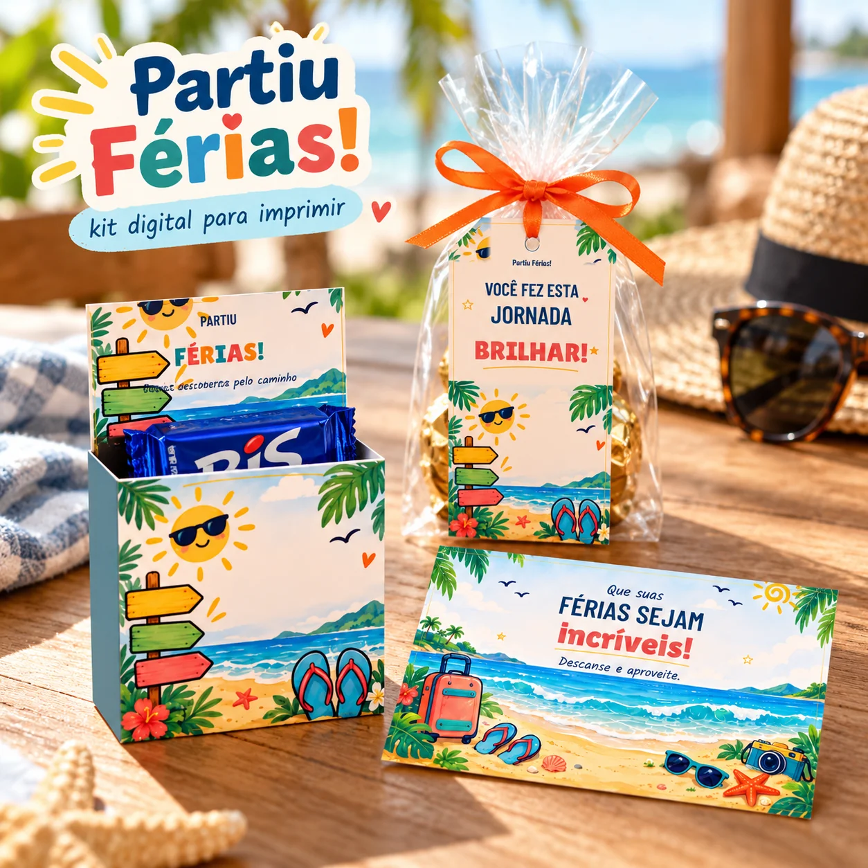 Simulação digital de Partiu Férias!: lembrancinhas ambientadas sobre uma mesa. Objetos físicos ilustrativos não incluídos.