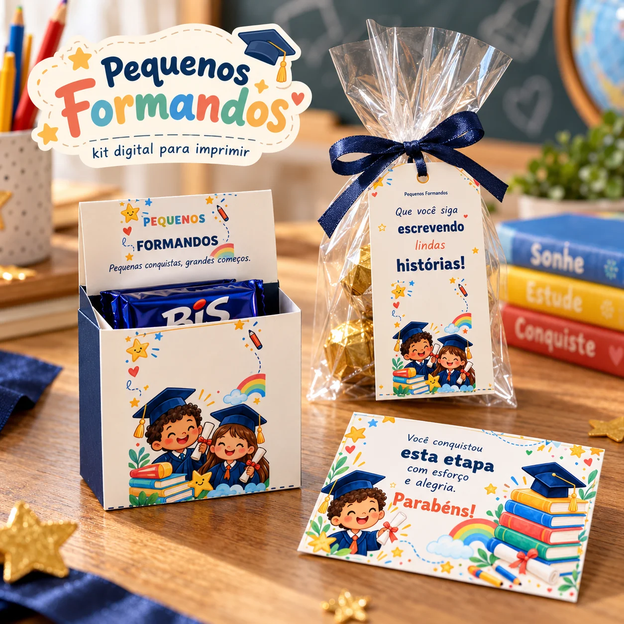 Simulação digital de Pequenos Formandos: lembrancinhas ambientadas sobre uma mesa. Objetos físicos ilustrativos não incluídos.